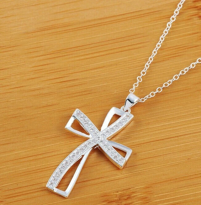 Sterling Silver Crystal Cross Pendant Necklace Chain Womens