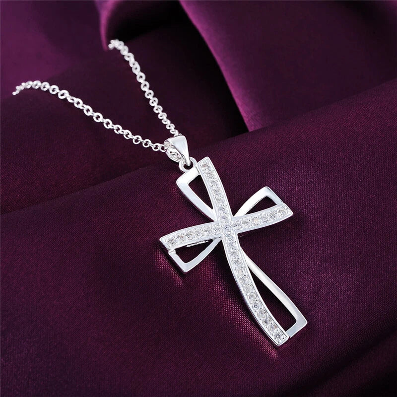 Sterling Silver Crystal Cross Pendant Necklace Chain Womens