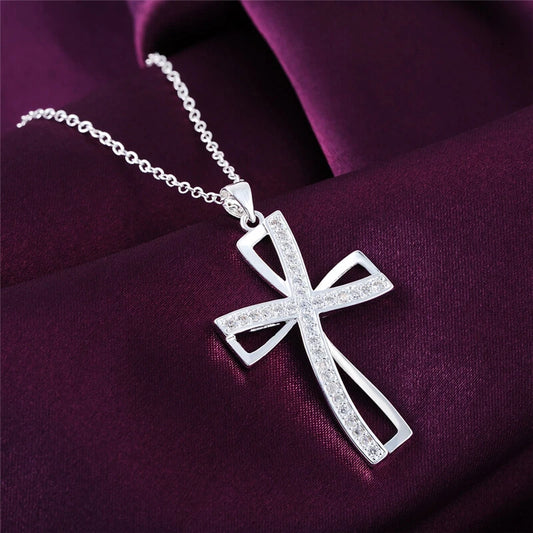 Sterling Silver Crystal Cross Pendant Necklace Chain Womens