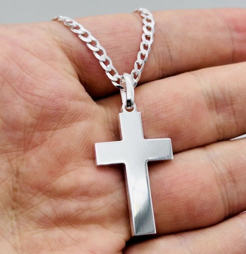 Sterling Silver Mens Cross Pendant Necklace 22" Chain