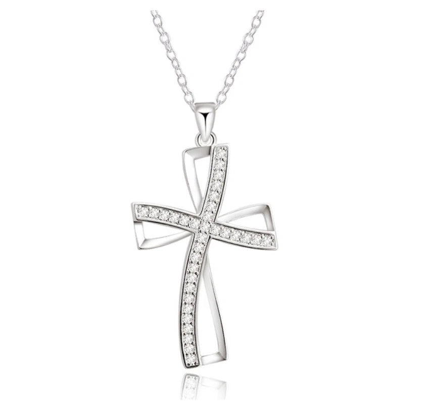 Sterling Silver Crystal Cross Pendant Necklace Chain Womens