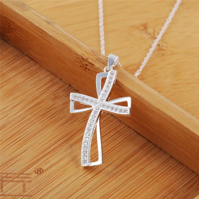 Sterling Silver Crystal Cross Pendant Necklace Chain Womens