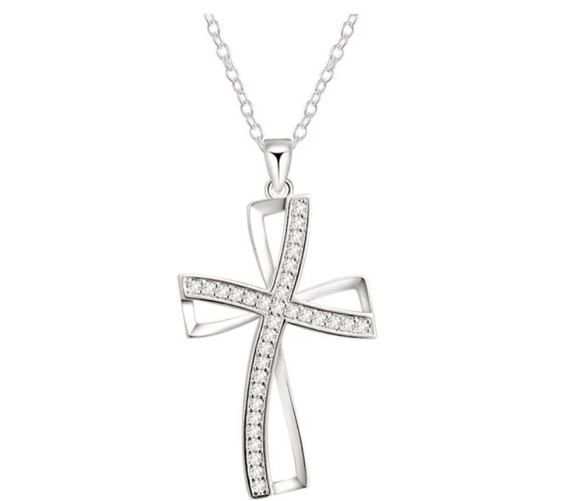 Sterling Silver Crystal Cross Pendant Necklace Chain Womens