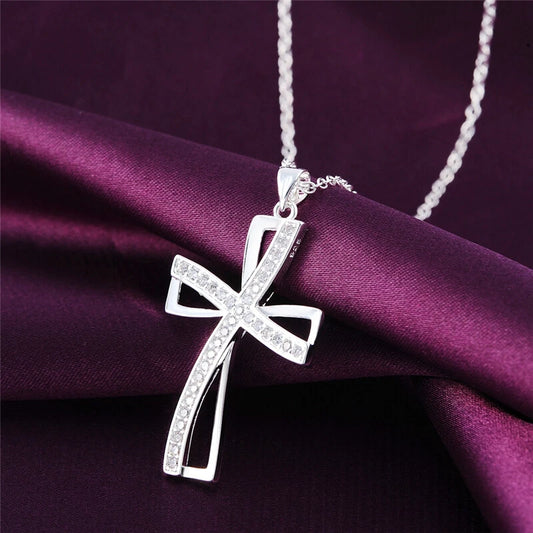 Sterling Silver Crystal Cross Pendant Necklace Chain Womens