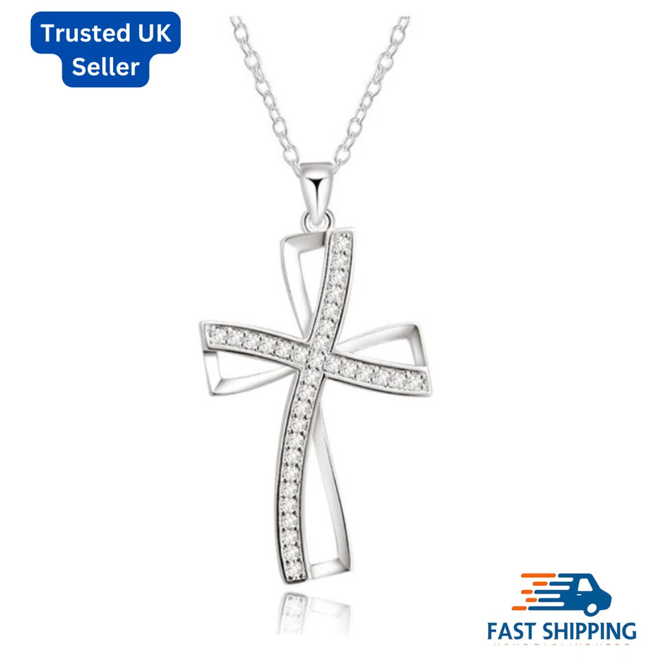 Sterling Silver Crystal Cross Pendant Necklace Chain Womens