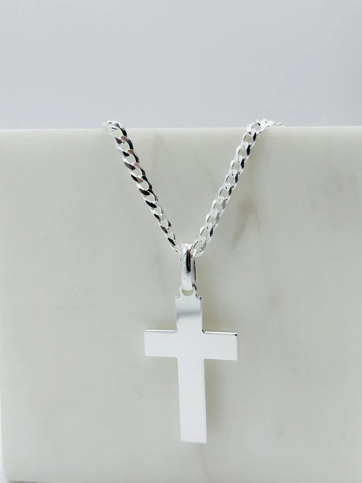 Sterling Silver Mens Cross Pendant Necklace 22" Chain