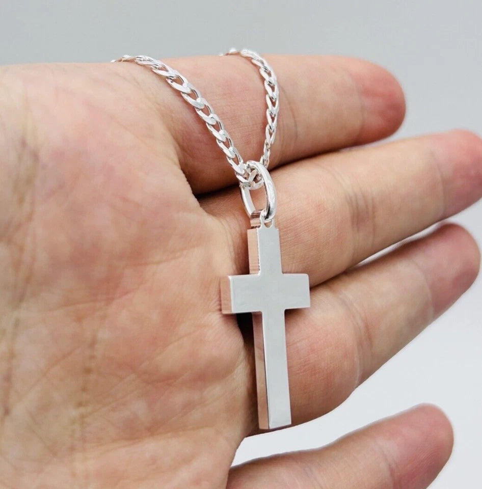 Sterling Silver Mens Cross Pendant Necklace 22" Chain