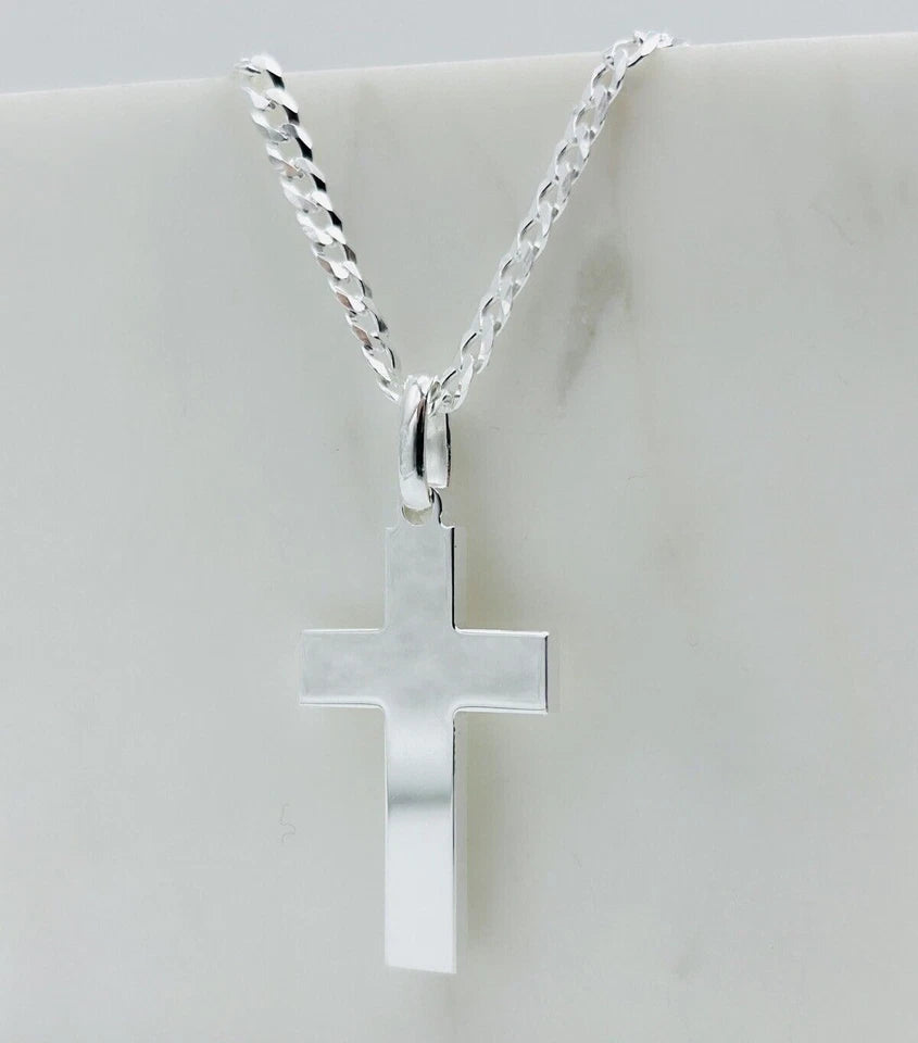 Sterling Silver Mens Cross Pendant Necklace 22" Chain