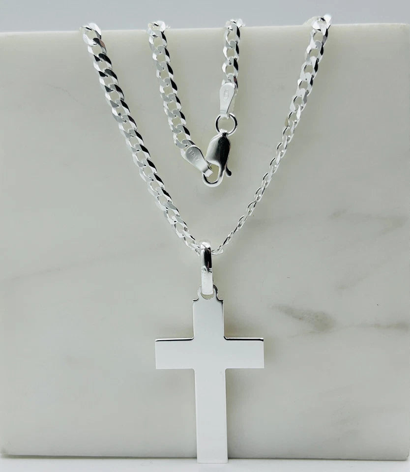 Sterling Silver Mens Cross Pendant Necklace 22" Chain